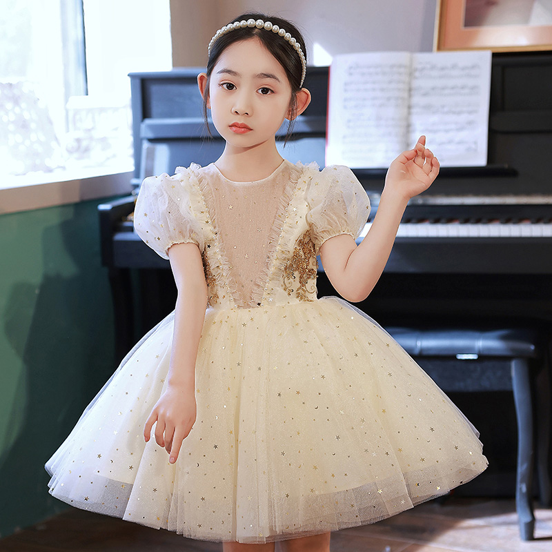 儿童香槟色礼服公主裙女童生日蓬蓬纱小花童主持人表演钢琴演出服