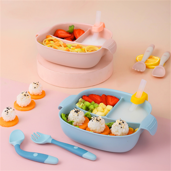 儿童餐盘碗吸盘式分格可爱宝宝餐具婴儿学吃饭训练勺叉辅食碗防烫