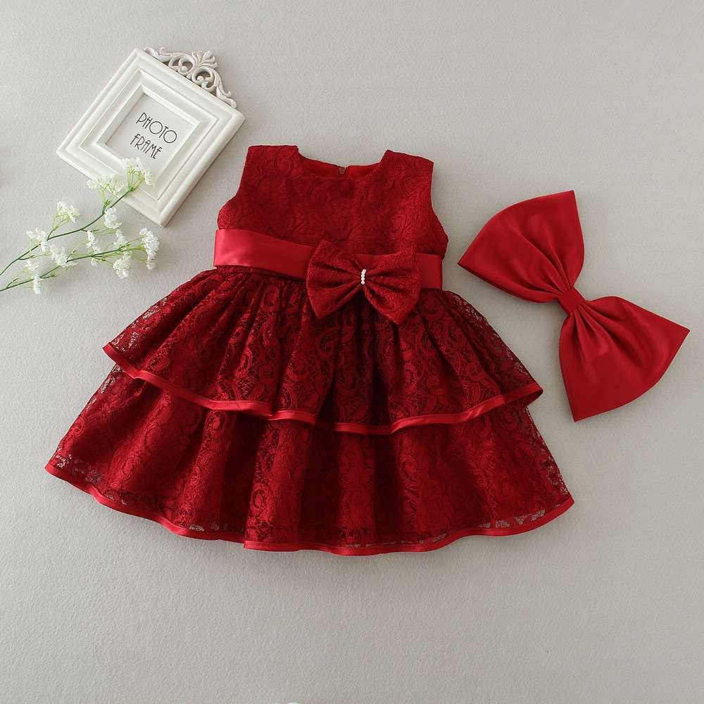 婴儿公主裙礼服满月百天礼服裙子蕾丝红色喜庆抓周礼物小童婚纱裙