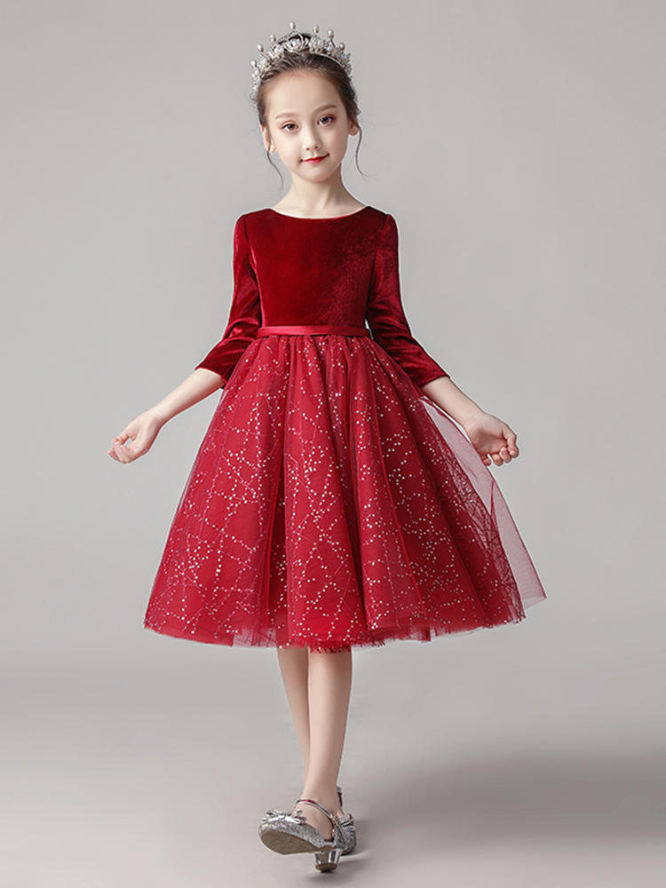 定制高端主持人女童红色晚礼服花童公主裙钢琴演奏儿童主持演出服