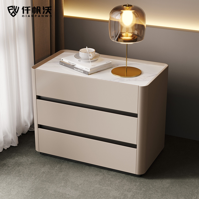 现代简约床头柜实木皮艺轻奢高级感岩板柜子意式极简大尺寸床边柜