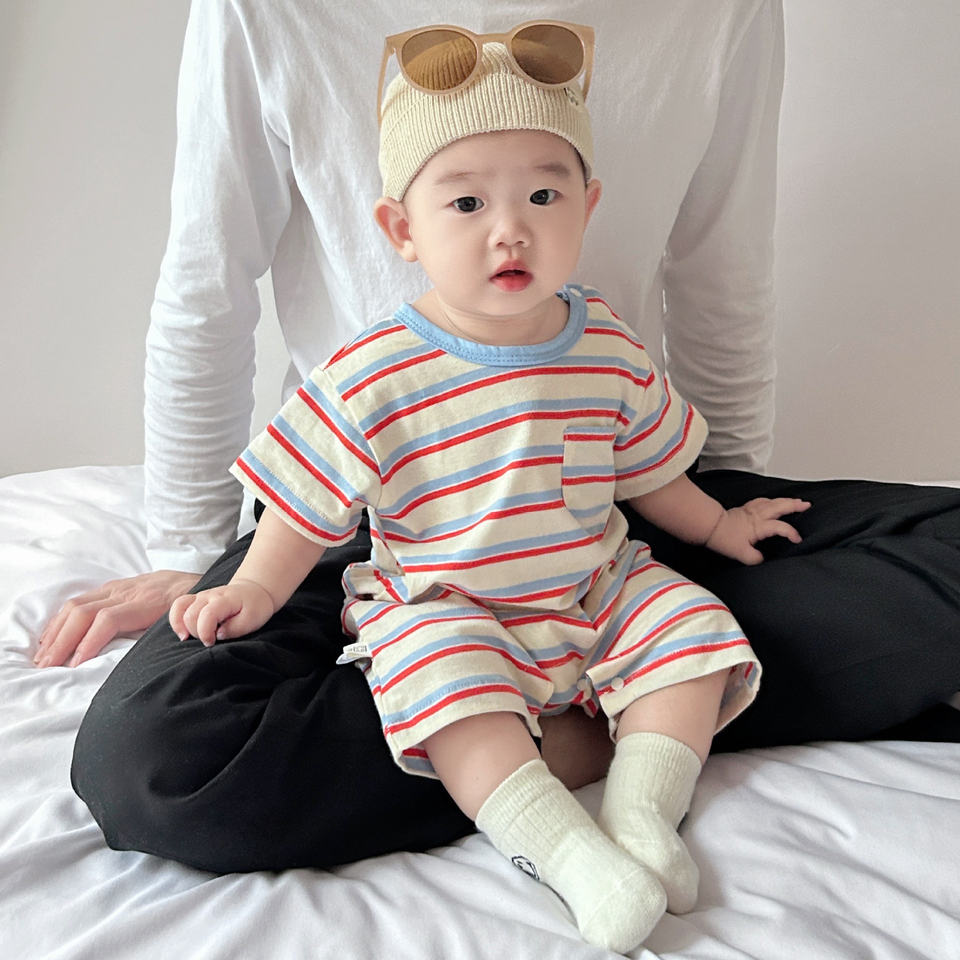 韩版婴儿连体衣薄款夏季短袖条纹爬服超萌哈衣空调衣服夏装
