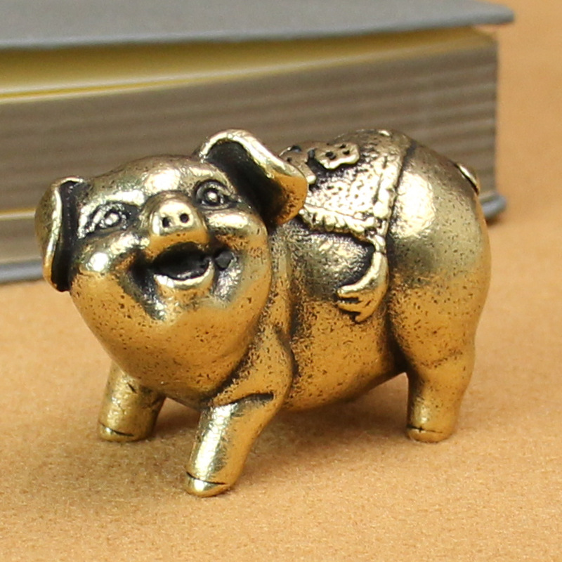 新款复古纯铜十二生肖猪黄铜家居装饰小摆件古玩铜器工艺收藏品手