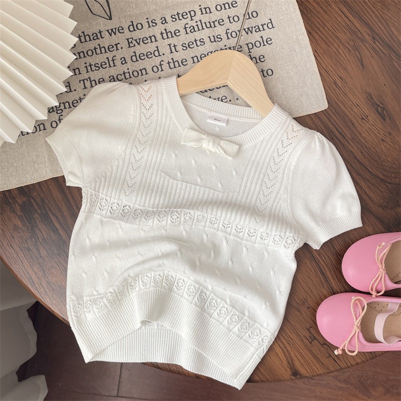女童短袖t恤韩版洋气冰丝棉针织半袖夏装透气甜美蝴蝶结婴儿上衣