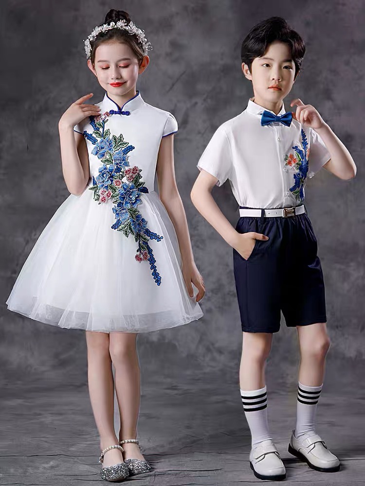六一儿童节表演服装中国风大合唱团中小学生男女童舞蹈纱裙演出服