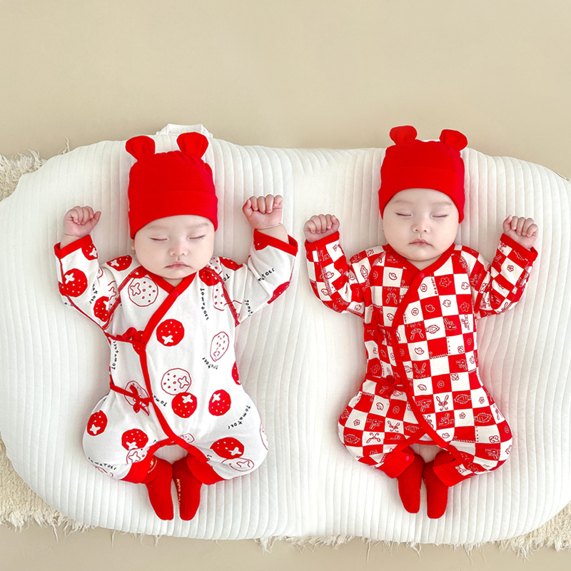 满月婴儿衣服新生红色纯棉无骨连体衣宝宝四季睡衣百天周岁宴礼服