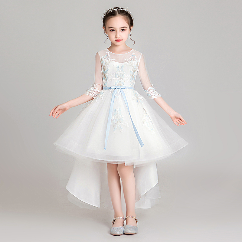 儿童礼服公主裙女童白色长袖小女孩花童婚礼主持人钢琴演出服超仙