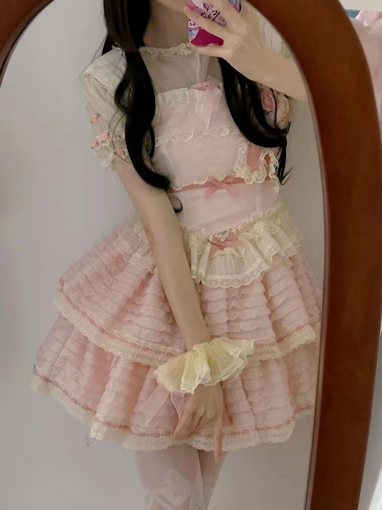 里雾诗之春层层蛋糕公主裙粉色甜心少女小个子法式重工蓬蓬连衣裙