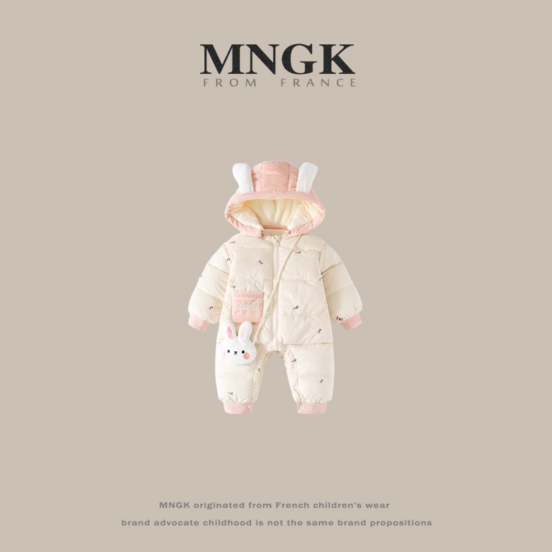 法国MNGK婴儿冬装新生女宝宝连体衣百天加绒外出哈衣冬季羽绒棉服