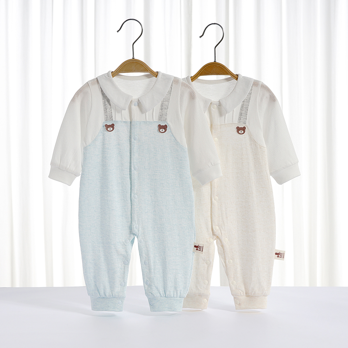 0-1岁婴儿夏季薄款长袖空调服男女宝宝假两件翻领哈衣连体衣睡衣