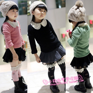 童装冬季韩版女童新款 水钻娃娃领棉线加厚公主毛衣打底衫 加厚