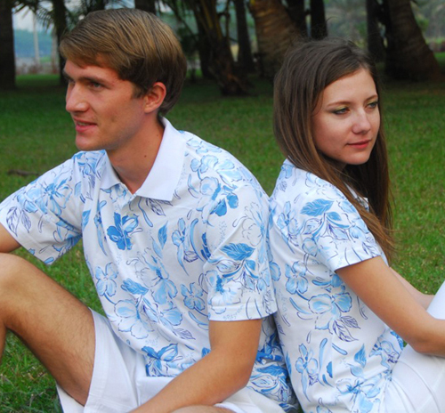 老罗商行 夏威夷风情海南岛服 情侣T恤 三亚会议礼品 蓝色木棉花
