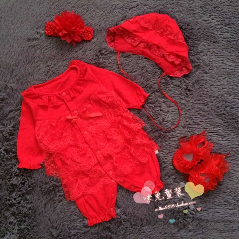 婴儿春夏装薄款公主长短袖蕾丝哈衣女宝宝满月百天红色礼服爬行服