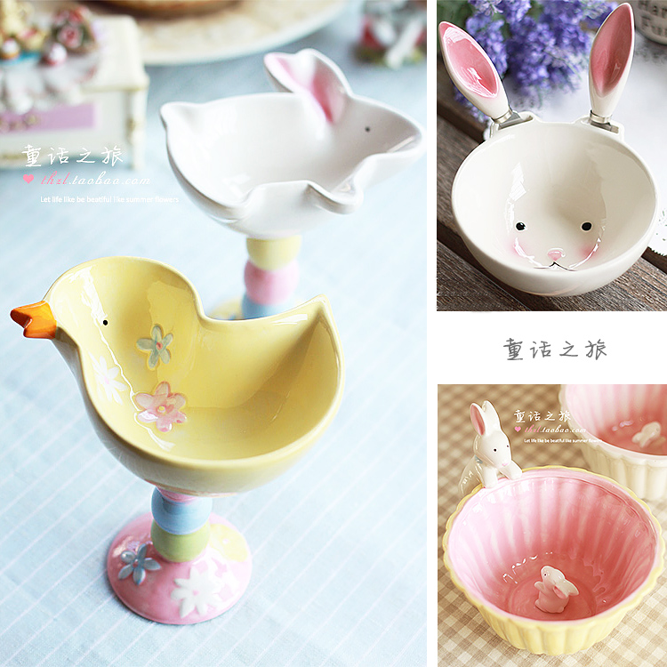 萌 创意陶瓷餐具卡通麦片碗可爱冰淇淋甜品碗水果沙拉盘子 兔子碗
