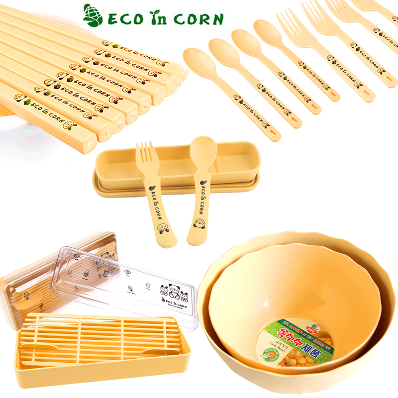 韩国ECO小熊玉米儿童餐具宝宝学习筷子弯头勺叉盒套装碗吸管杯