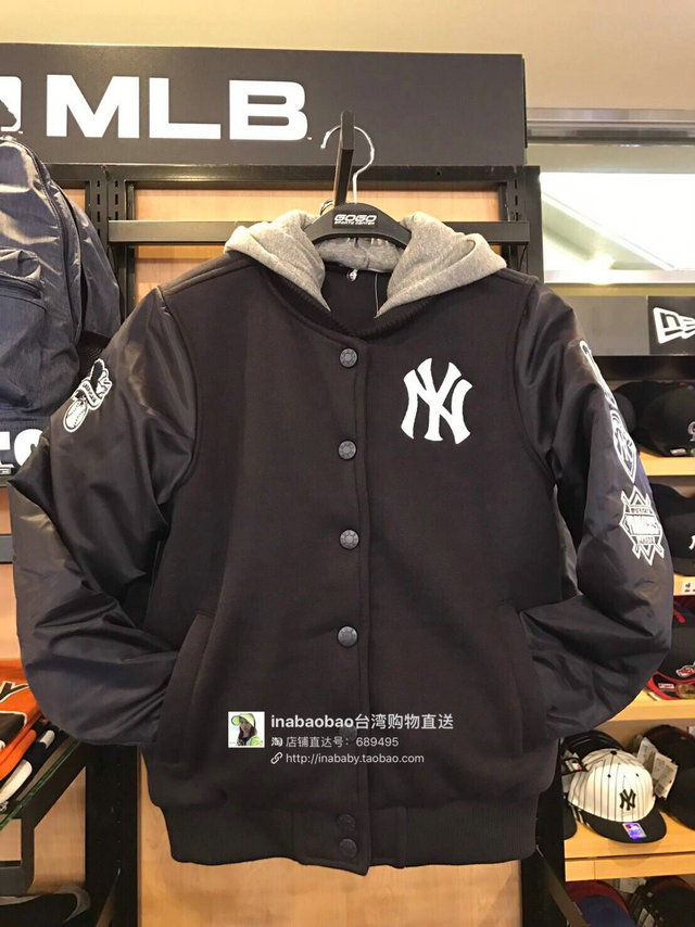 台湾专柜代购直邮MLB 洋基队男女棒球服情侣装夹棉连帽棉衣短外套