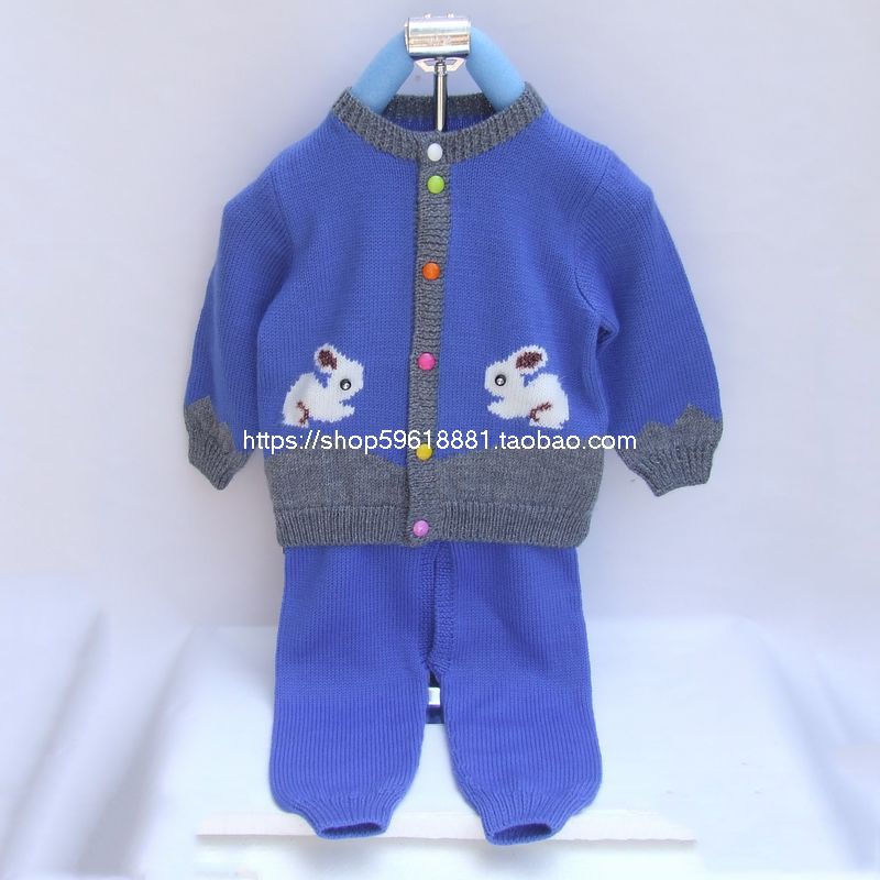 纯手工织编婴儿毛衣宝定蓝色开衫二件套5只兔子纯羊毛童装包邮