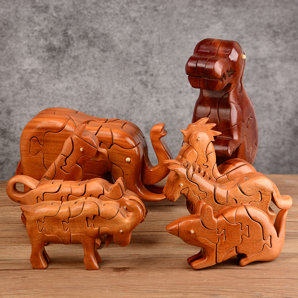 木制动物玩具十二生肖拼插积木大象拼图木质儿童益智榫卯结构可拆