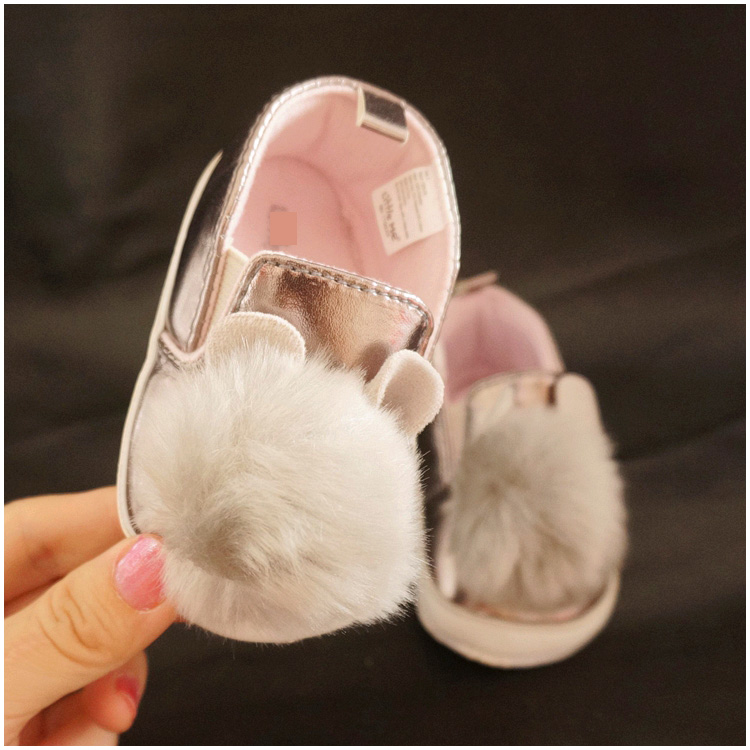 毛球兔子皮鞋春秋女宝宝太空革婴儿软底歩前鞋 外贸单0-1岁