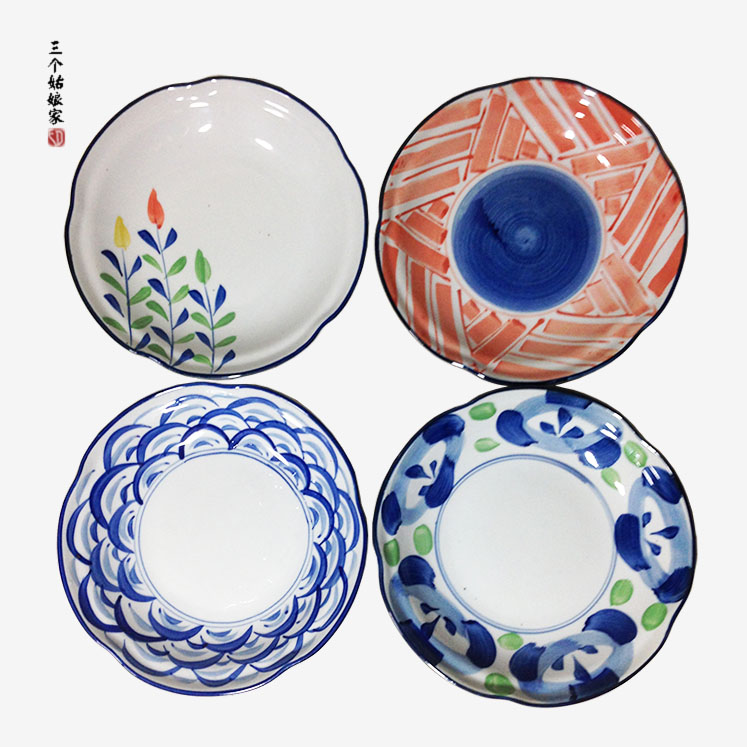 日式餐具手绘复古和风陶瓷圆盘子菜盘浅汤盘甜点零食菜碟釉下彩