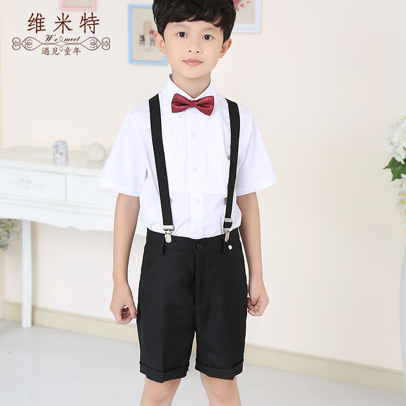 高档男童短袖白衬衫纯黑色西装短裤套装夏季儿童装衬衣礼服表演出