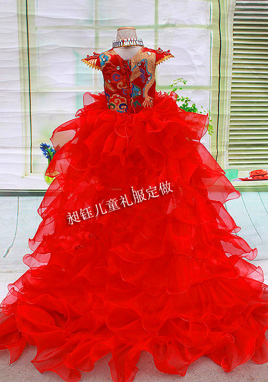 中国风儿童主持人T台秀演出服花童婚纱礼服红色公主裙龙袍拖尾