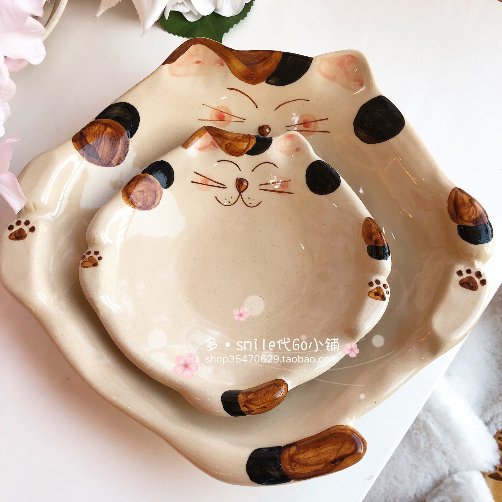 现货日本有田烧菊祥福猫三只猫咪手绘釉下彩咖喱盘盘子