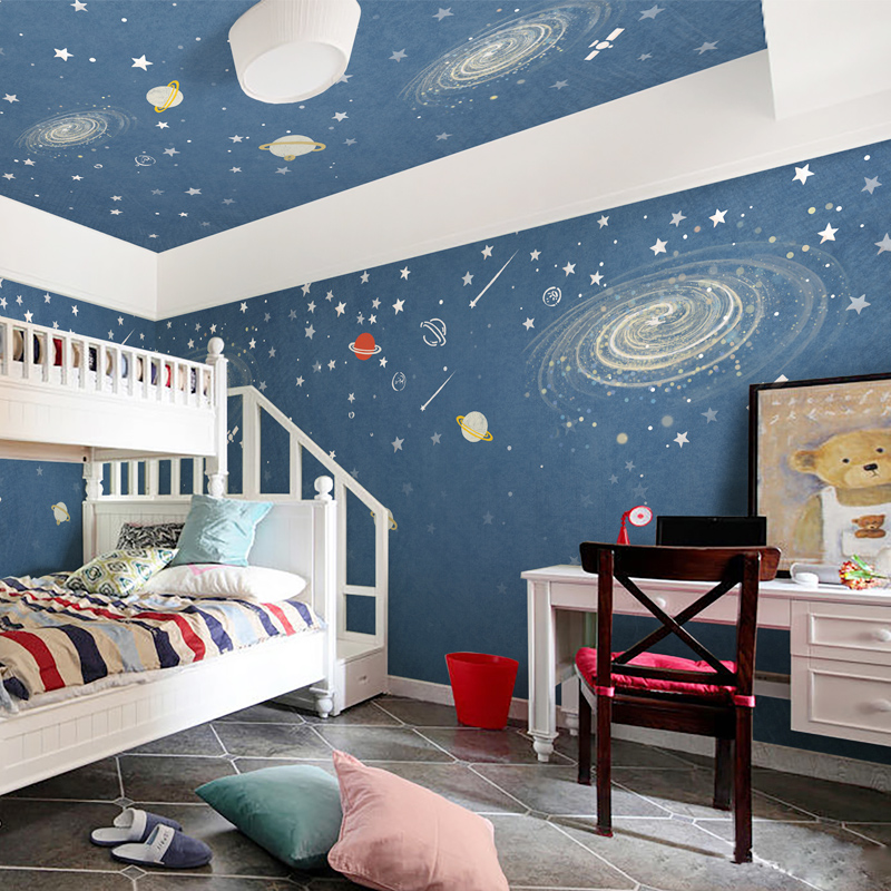 美式儿童房间壁纸男孩卧室卡通创意蓝色无纺布墙纸月球 太空之旅