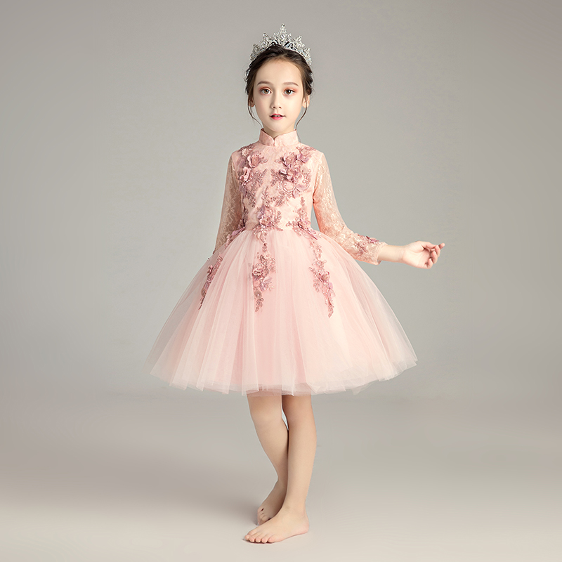 女童粉色长袖中国风生日公主裙花童婚纱裙儿童小主持人钢琴演出服
