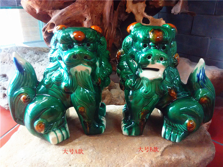 唐三彩陶瓷狮子吉祥工艺摆件仿古色釉对狮家居客厅园林装饰品