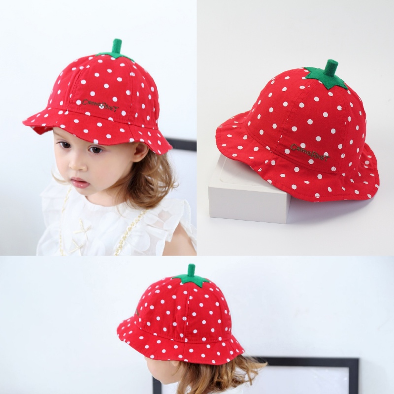 婴儿帽子春夏秋天宝宝太阳帽大红色草莓盆帽男女小孩渔夫帽遮阳帽