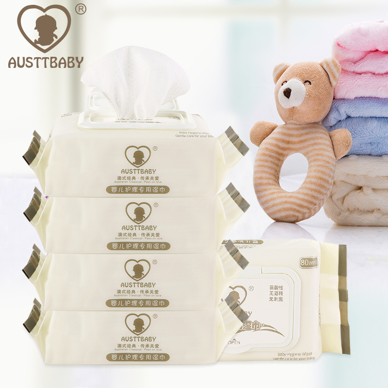 austtbaby婴儿带盖湿纸巾宝宝儿童湿巾80抽4连包护肤手口专用包邮