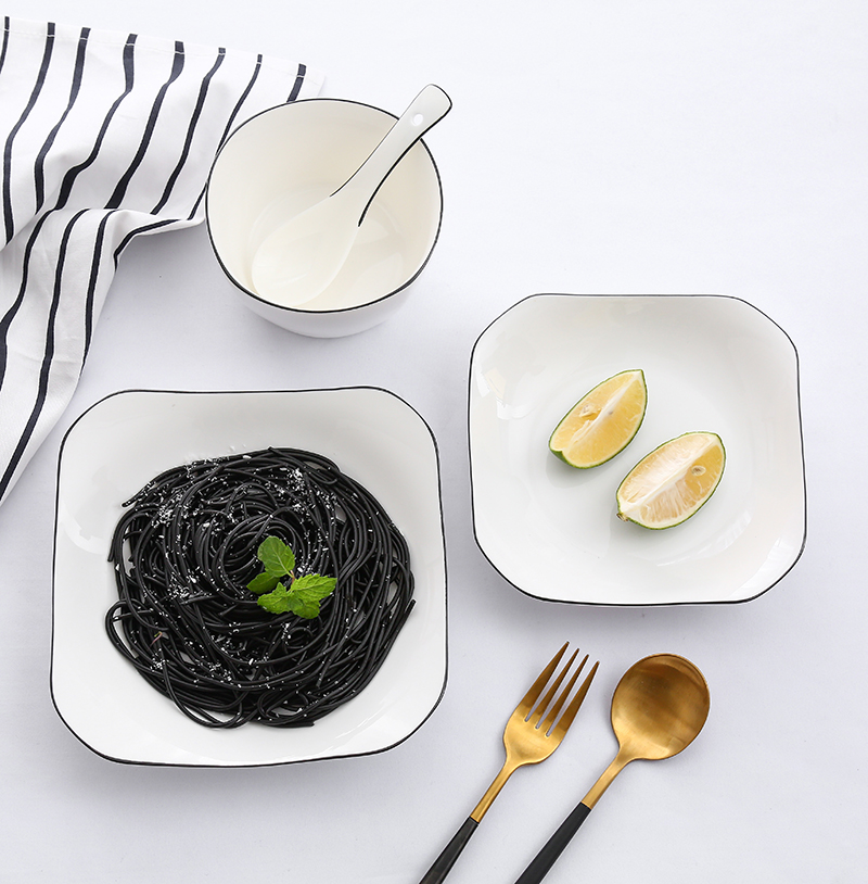 方形盘北欧风简约创意黑线陶瓷餐具 日式家用碗盘早餐碟子菜盘