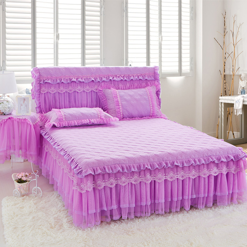 夹棉加厚床裙三件套床套罩1.8蕾丝边枕套床单紫色床罩+床头罩整套