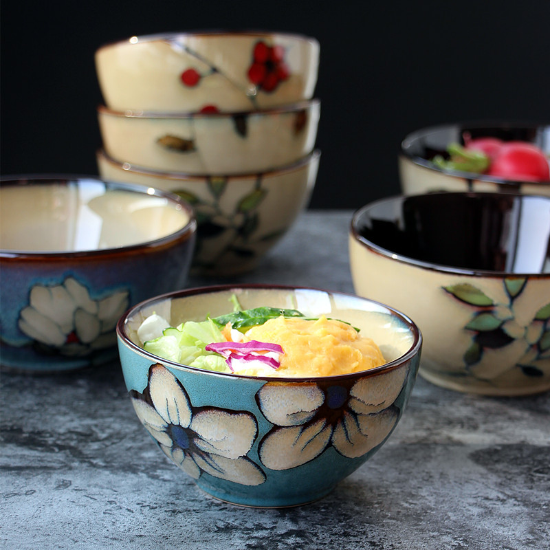 日式创意陶瓷小饭碗米饭碗手绘花朵手工碗窑变餐厅餐具个性和风碗