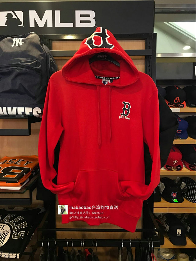 台湾代购直发MLB/红袜队男士长袖连帽印花厚帽T 套头卫衣上衣