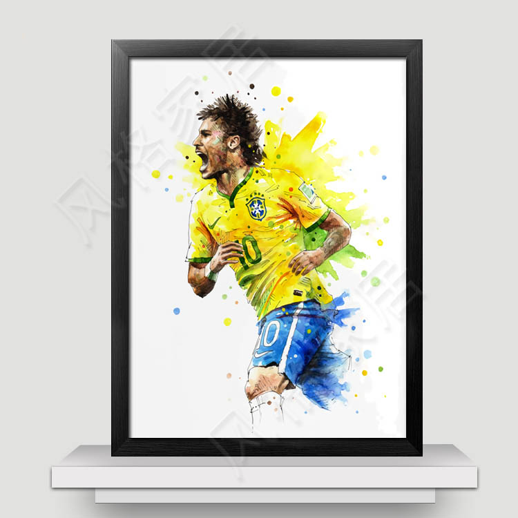 C罗梅西足球世界杯手绘球星装饰画海报俱乐部餐厅挂画酒吧墙画框